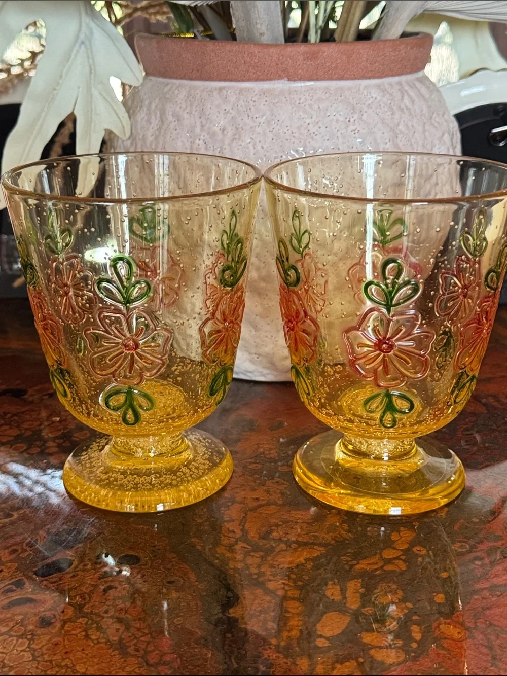 Anthropologie Yellow Floral Embossed Goblets (Pair)